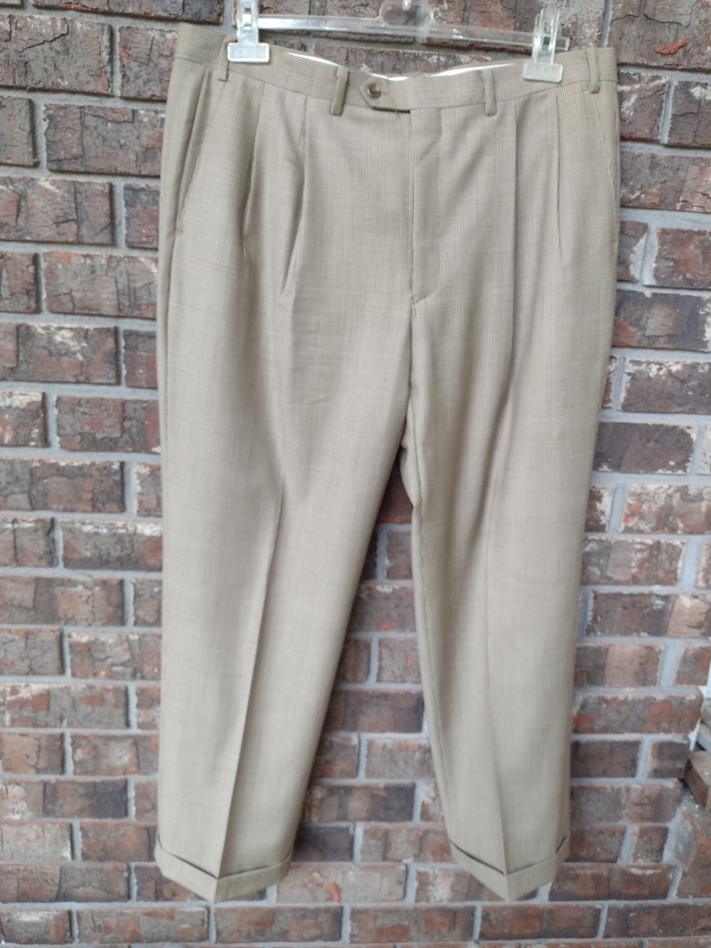 Lauren Ralph Lauren Cuffed Pants Mens 38x30 Beige Glen Plaid Wool Double Pleated